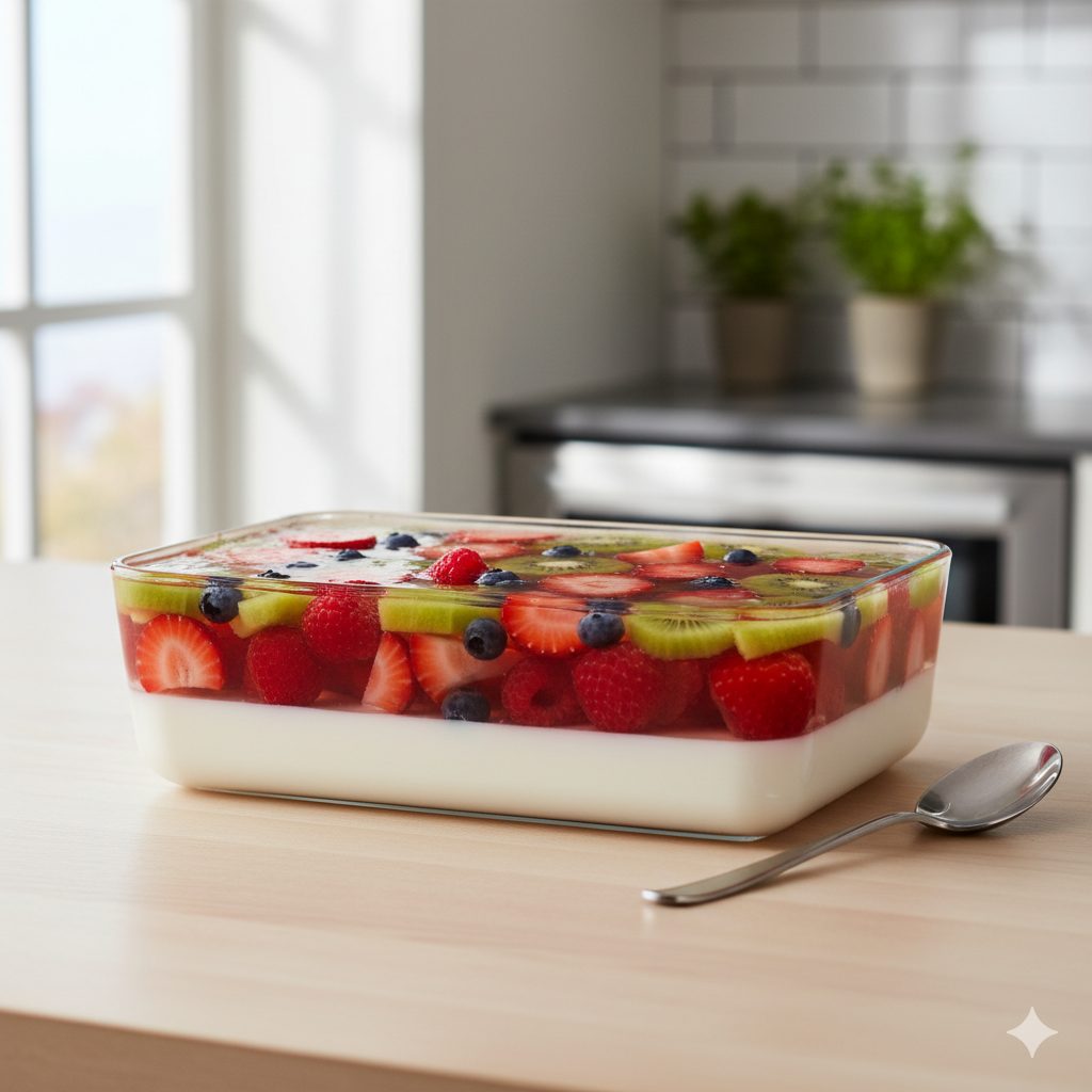 A beautifully layered red and white fruit jelly, sparkling like jewels in a clear glass rectangular dish. The red layer is vibrant with strawberries and raspberries, and the white layer is creamy milk jelly. The top is a clear jelly filled with an assortment of fresh fruits like sliced strawberries, kiwi, and blueberries. The background is a bright, modern kitchen setting with natural light, focusing on the fresh and delicious appearance of the dessert. High angle shot, soft focus background, appetizing, high resolution.