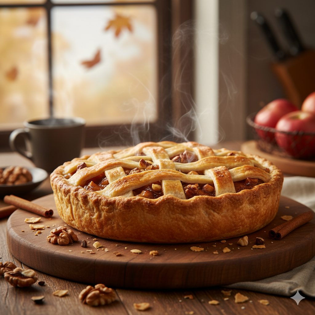 A warm, rustic apple pie with a golden, flaky crust, generously filled with caramelized apples and crunchy mixed nuts, served on a round wooden board. Steam is gently rising from the pie. Cozy autumn afternoon lighting, with a blurred background of a warm kitchen and a subtle hint of falling autumn leaves outside. Soft focus, warm earthy tones, inviting and comforting atmosphere. Food photography style.
