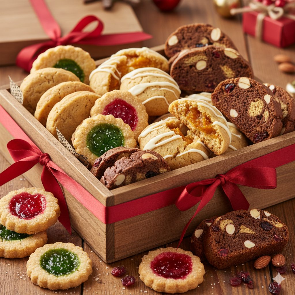 A beautiful assortment of homemade cookies presented in a charming, rustic gift box. The assortment includes: sparkling berry stained glass cookies with translucent fruit candy centers, round drop cookies revealing a surprise pumpkin filling and melted white chocolate, and chunky cocoa marble biscotti with visible almonds and dried cranberries. The cookies are arranged artfully on a warm wooden table, bathed in soft, natural light, creating a cozy holiday atmosphere. A simple, elegant ribbon adorns the gift box. Focus on delicious textures and vibrant colors. Highly detailed, high-resolution photography style.