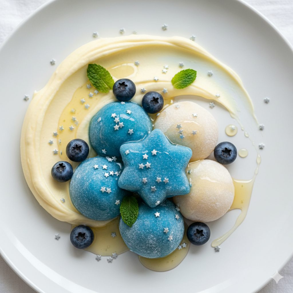 A top-down shot of a beautifully arranged dessert plate. The centerpiece is a cluster of round and star-shaped mochi dumplings, some in vibrant Dodger blue, others in pristine white. They are nestled beside a swirl of pale yellow lemon cream cheese frosting. A drizzle of clear lemon syrup glistens over the mochi. Scattered around are fresh blueberries, small mint leaves, and sparkling silver star-shaped sprinkles. The overall presentation is bright, inviting, and evokes a 'starry sky' theme, with a focus on fresh, soft textures. Studio lighting, high resolution, macro photography.