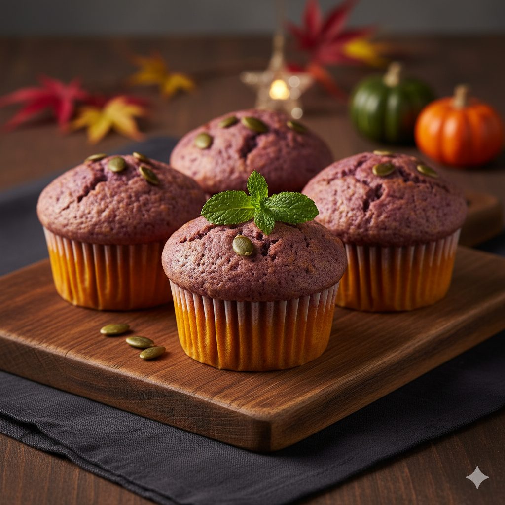 A beautifully plated close-up shot of a set of 3-4 steamed muffins with a vibrant, natural gradient of orange (pumpkin) and purple (purple sweet potato). The muffins should have a soft, fluffy yet chewy texture, characteristic of rice flour, and be slightly domed. They are arranged on a rustic wooden board or a simple white plate, perhaps with a dark, textured linen underneath. In the background, hints of autumn decor like dried leaves, small gourds, or subtle star-themed elements could be subtly blurred, creating a cozy, autumnal evening atmosphere. Soft, warm ambient lighting, as if from a lamp or window during twilight. Garnished with a few scattered pumpkin seeds and a small, fresh mint leaf for a pop of green. Focus on the rich, natural colors and inviting, moist texture. High-resolution food photography style with a shallow depth of field.