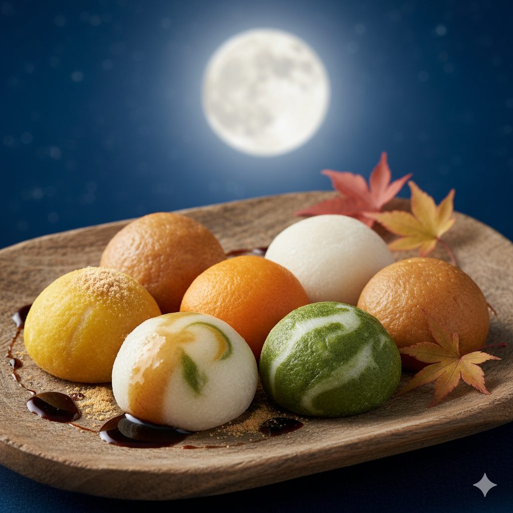 A beautifully arranged photograph of Japanese traditional "Temari" style Mochi dumplings for "Otsukimi" (moon viewing). The dumplings are colorful, featuring natural autumn shades like golden yellow (sweet potato), light brown (chestnut), warm orange (pumpkin), white ( plain), and deep green (matcha). They are artfully placed on a rustic wooden plate, garnished with a sprinkle of kinako powder, a drizzle of In the background, a soft, ethereal full moon glows against a clear, dark blue autumn night The lighting is soft and inviting, highlighting the texture and colors of the dumplings. Hyperrealistic, high-resolution photography, natural light.