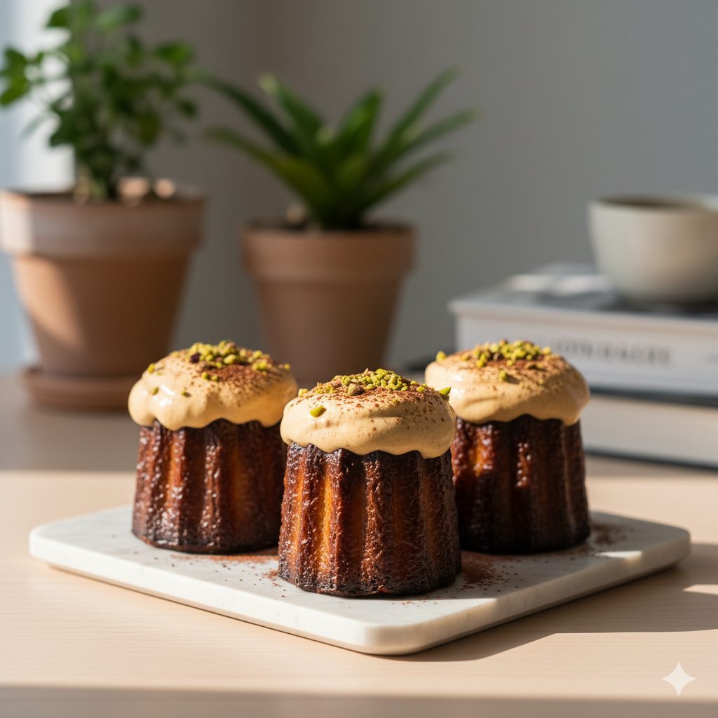 A close-up, beautifully styled photo of 'Fluffy Dalgona Canelés' on a minimalist wooden table in a trendy Korean cafe setting. The canelés have a deep, caramelized crust and a soft, golden interior, topped generously with a light and airy, creamy Dalgona coffee foam. A sprinkle of cocoa powder and finely chopped pistachios adds a touch of elegance. Soft, natural daylight illuminates the scene, highlighting the textures and vibrant colors. The background is softly blurred, showing subtle hints of other cafe elements. High resolution, professional food photography, cozy atmosphere.