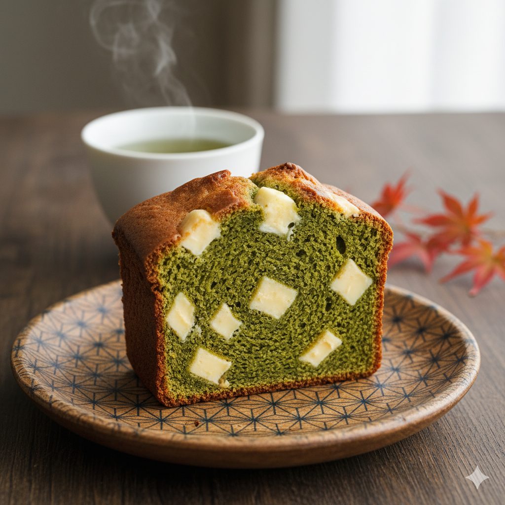 A slice of "Mona-Wa" pound cake, showcasing a vibrant green matcha base studded with glistening white chocolate chunks. The cake is perfectly baked, with a delicate crust and a moist, tender crumb. It's elegantly presented on a rustic wooden plate with a subtle Japanese pattern. In the background, a steaming cup of green tea and a small sprig of autumn foliage create a cozy, inviting atmosphere. Soft, natural lighting highlights the cake's textures and colors. Photorealistic, high-resolution, focus on deliciousness and artistic composition.