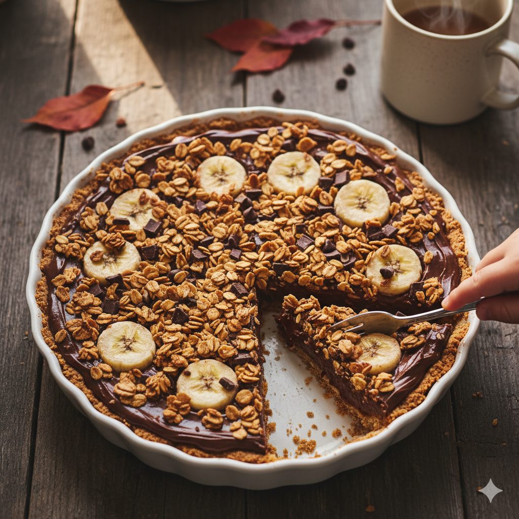 Overhead shot of a rustic, no-bake chocolate banana crumble pie on a dark wooden table. Four whole bananas, sliced lengthwise, are arranged on a rich, glossy dark chocolate cream base. The top is generously covered with chunky, golden-brown oat and chocolate chip crumble, with some larger pieces providing texture. The pie is presented in a white ceramic pie dish, with a slice already cut, revealing the layers. A child's small hand is holding a dessert fork, about to take a bite. Soft, warm ambient lighting, creating a cozy autumn atmosphere. A scattering of subtly blurred autumn leaves and a warm mug in the background. Focus on inviting textures and warm, comforting tones. Realistic, high-resolution food photography style.