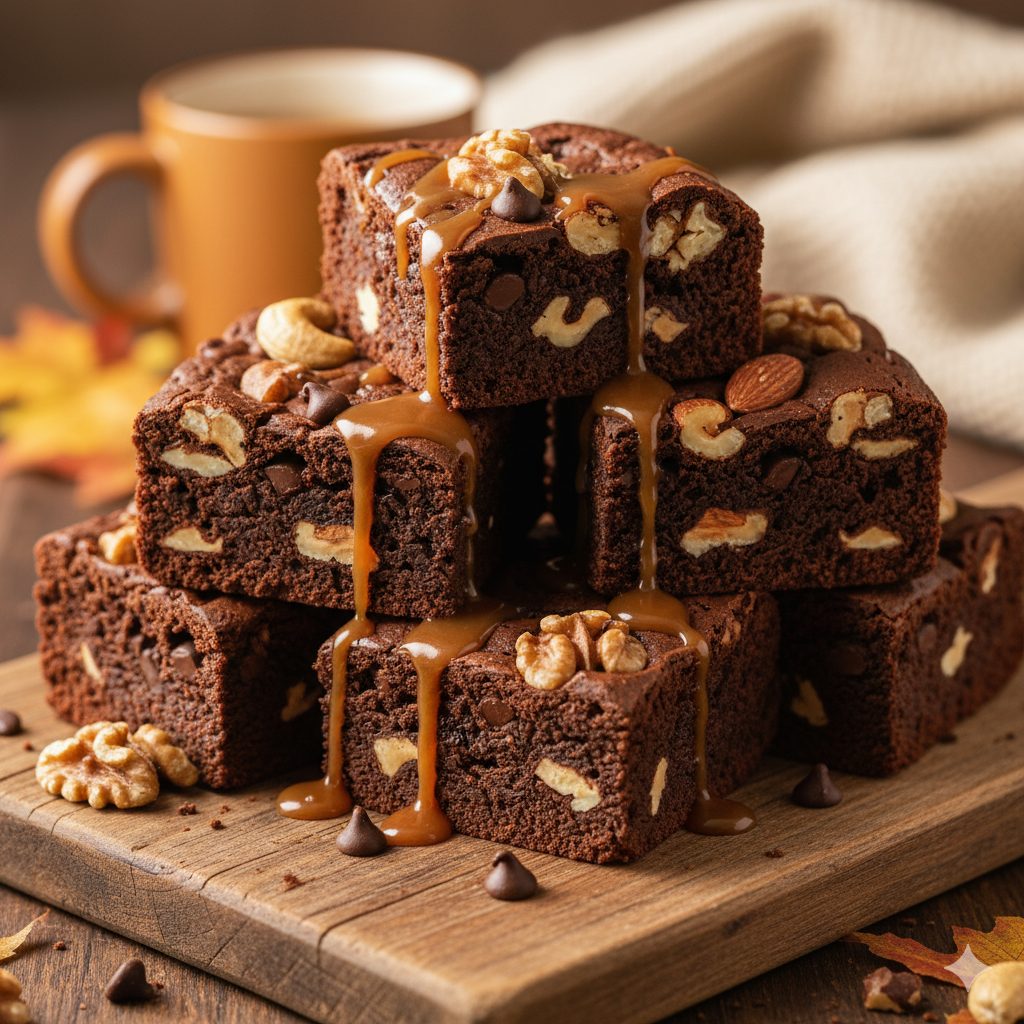 A mouth-watering close-up of a rich, fudgy chocolate brownie, generously studded with large chunks of mixed nuts (walnuts, almonds, cashews) and chocolate chips. A luscious caramel sauce is drizzled artistically over the top. The brownie is perfectly cut into shareable squares and stacked attractively on a rustic wooden serving board. The background shows a cozy, autumn-themed setting with soft, warm natural light, hints of golden autumn leaves, and a blurred, inviting ambiance. Emphasize the moist, dense texture and the visible 'goro-goro' (chunky) ingredients. Food photography style, high resolution, shallow depth of field, warm color palette.
