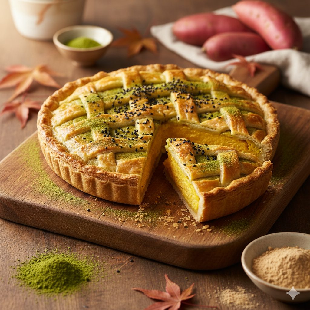 Golden-baked sweet potato pie, infused with matcha and kinako, on a rustic wooden board, garnished with black sesame seeds. The pie has a flaky, golden crust and a creamy, vibrant yellow-orange filling. Warm, inviting light from the side, soft focus background with subtle autumnal decor. Studio shot, high resolution, food photography, appetizing.