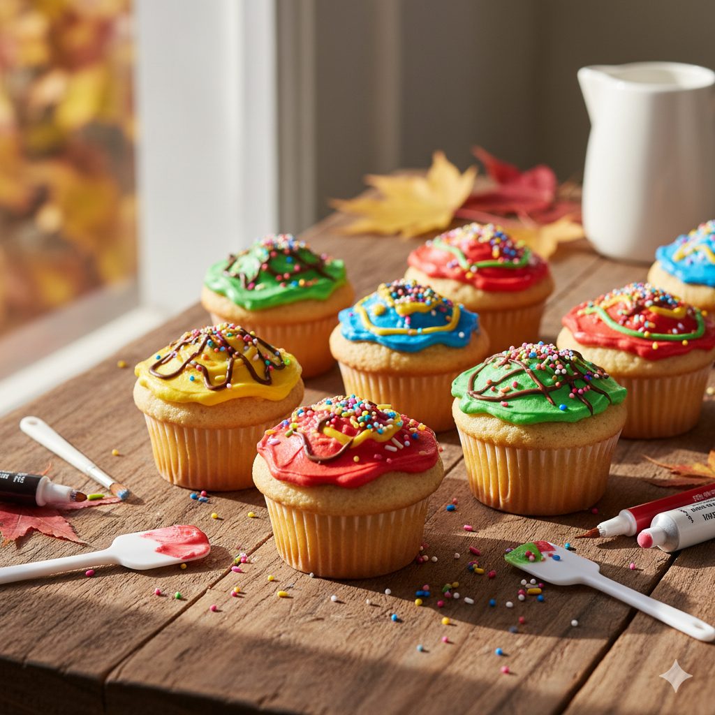 A vibrant, cheerful close-up shot of various mini muffins, each uniquely decorated by children with colorful whipped cream (like paint strokes in red, yellow, blue, green), chocolate pens drawing playful patterns, and sprinkles. The muffins are arranged on a rustic wooden table with small artistic tools like tiny spatulas and brushes. Soft, warm autumn light illuminates the scene, highlighting the fluffy texture of the muffins and the glossy cream. There are hints of autumnal elements like a few fallen leaves in the background. The overall mood is joyful and creative, emphasizing homemade charm and childlike wonder
