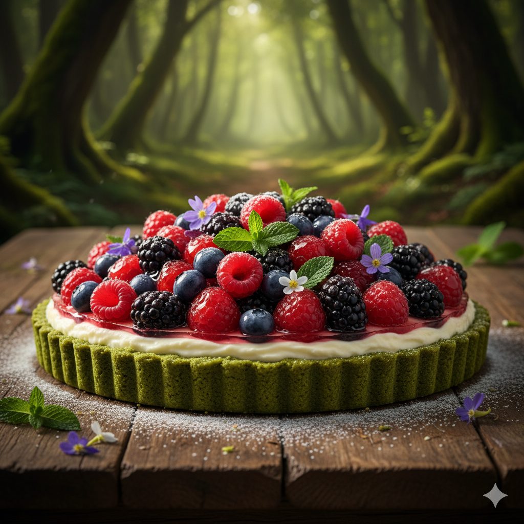 A stunning, hyperrealistic photo of a 'Legendary Forest Berry Tart' on a rustic wooden table in an enchanted, mossy forest. The tart features a vibrant matcha green crust, generously filled with creamy cheesecake, and topped with an abundance of glistening mixed berries (raspberries, blueberries, blackberries) suspended in a clear, shimmering jelly. Delicate mint leaves, edible forest flowers, and a light dusting of powdered sugar adorn the tart. Soft, dappled sunlight filters through the surrounding ancient trees, creating a magical, dreamlike atmosphere. The colors are rich and saturated, emphasizing the freshness of the berries and the depth of the forest. Shallow depth of field, professional food photography, fantasy-inspired.