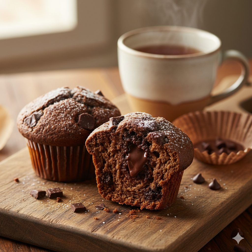 A close-up, top-down shot of a freshly baked, rich chocolate banana muffin with visible chunks of dark and milk chocolate, and a slight golden-brown crust. The muffin sits on a rustic wooden board next to a cup of warm tea, with soft, cozy autumn lighting. Steam gently rises from the muffin. Highly detailed, photo-realistic, warm colors, depth of field.