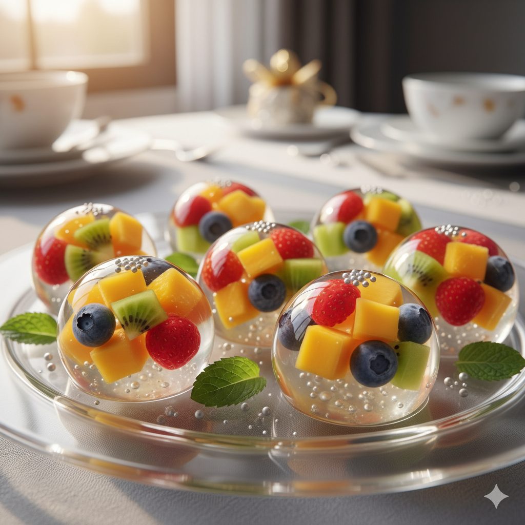 A close-up shot of several vibrant rainbow fruit jelly spheres, sparkling like precious jewels, arranged artfully on a sleek, clear glass plate. Each sphere is perfectly round and contains an assortment of tiny, colorful fruit cubes (such as red strawberries, orange oranges, yellow mangoes, green kiwis, purple grapes, and blue blueberries) suspended beautifully within a crystal-clear, translucent jelly. The light catches the jelly, creating an ethereal glow. Garnished with fresh mint leaves and a scattering of edible silver dragees, adding a touch of elegance. The background is softly blurred, hinting at a modern, cozy home setting or a festive party table. The overall mood is whimsical, luxurious, and incredibly appetizing. Studio lighting, high resolution, professional food photography style.