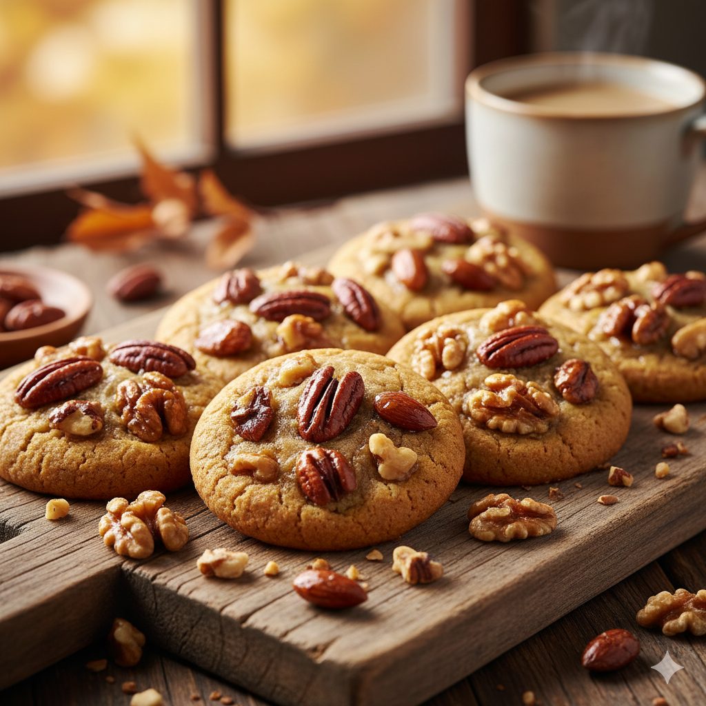 A close-up, high-angle shot of homemade spice-scented caramelized nut cookies arranged artfully on a rustic wooden board, with some loose nuts scattered around. The cookies are golden brown with glistening, amber-colored caramelized nuts on top. There's a subtle depth of field, with a cozy autumn background of warm light and possibly a blurred cup of coffee or tea. The overall mood is inviting, warm, and delicious, suitable for a professional food blog. Natural light, soft shadows, detailed texture.