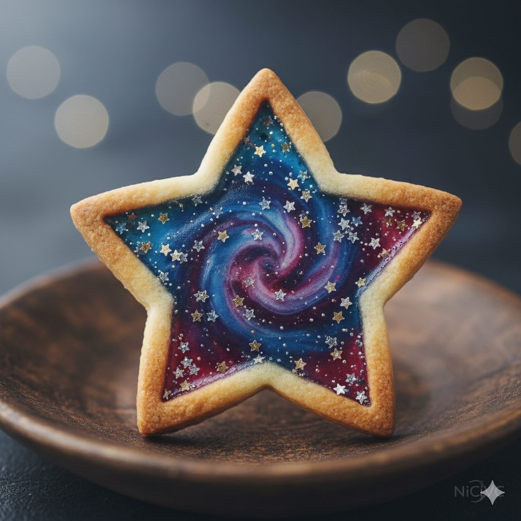 A close-up shot of a 'Stardust Comet Cookie' on a wooden plate, with soft, ethereal lighting. The cookie is star-shaped, with a clear, jewel-toned candy center resembling a stained glass window, glittering with silver and gold sprinkles. The edges of the cookie are golden brown, showing a delicate texture. In the background, there are hints of a magical, dreamy atmosphere with subtle sparkles, as if it's placed under a starlit night sky. The focus is on the intricate details and the sparkling candy, evoking a sense of fantasy and wonder. Shot with a macro lens, depth of field blur in the background. Highly detailed, high resolution, soft warm lighting.