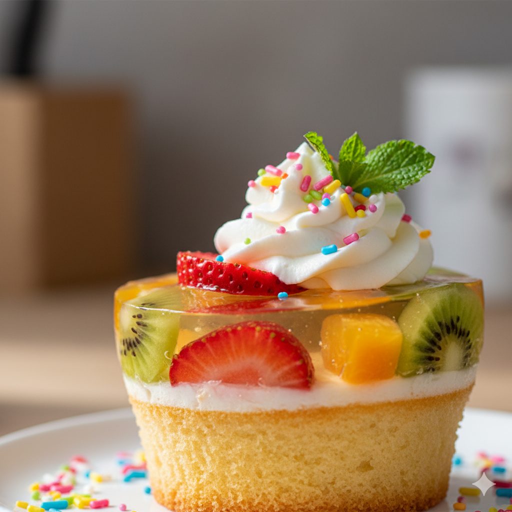 A close-up shot of a vibrant, colorful mini cupcake with a top layer of glistening, clear fruit jelly filled with various fresh fruits like strawberries, kiwi, and mandarin segments. The cupcake base is soft and fluffy, peeking out from beneath the jelly. The top is decorated with a delicate swirl of whipped cream, rainbow sprinkles, and a small sprig of mint. The lighting is bright and inviting, emphasizing the transparency of the jelly and the vivid colors of the fruits. The background is softly blurred, suggesting a cozy home kitchen setting. Focus on the playful and inviting aesthetic, perfect for an indoor treat.