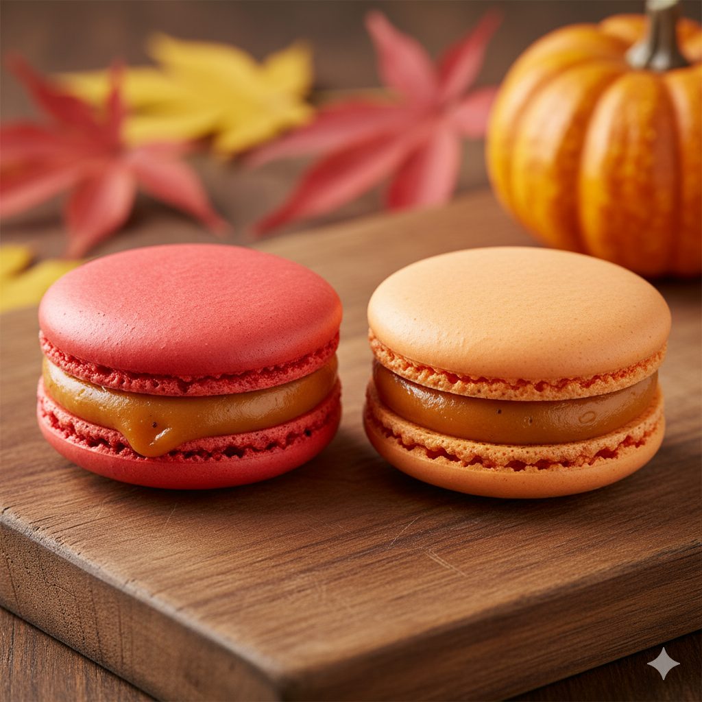Two elegant macarons, one is a vibrant red-pink (rouge) shell, the other is a soft orange shell. The red-pink macaron has a rich, creamy pumpkin caramel filling oozing slightly from between the shells. The filling is a warm, inviting caramel color with hints of orange. The shells are perfectly smooth with delicate 'feet' at the base, and have a slight sheen. The macarons are artfully arranged on a rustic wooden board, perhaps with a few autumn leaves or a small, decorative pumpkin in the background, out of focus. The lighting is soft and warm, highlighting the texture and colors. The style is professional food photography, focus on details, shallow depth of field, high resolution, ultra realistic.