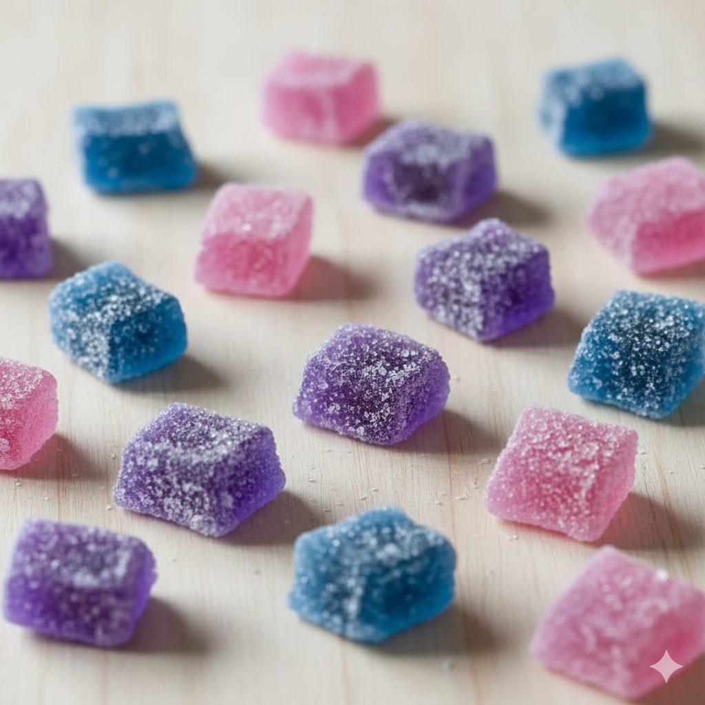 A close-up shot of homemade Kohakuto (Japanese amber candy) in various vibrant colors like blue, purple, and pink, resembling sparkling jewels. The candies are cut into irregular, crystalline shapes, some with a subtle marble pattern. The surface has a slightly frosty, sugar-coated texture, indicating its unique crispy exterior, while the inside appears translucent and jelly-like. They are artfully arranged on a minimalist white plate or a natural wood surface, with soft, diffused lighting enhancing their glow. A sense of fantasy and elegance.