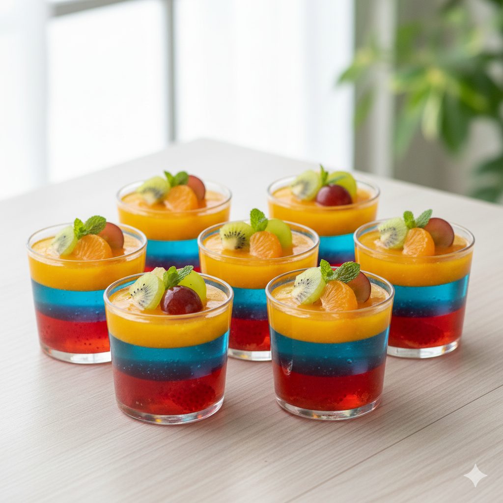 A vibrant and sparkling collection of mini jelly cups, arranged artfully on a light-colored wooden table. Each cup contains three distinct layers of jelly: a translucent red strawberry layer at the bottom, a clear blue Hawaii layer in the middle, and a bright orange layer on top. The jellies are glistening and look very fresh. Various colorful fresh fruits like kiwi slices, green grapes, and small tangerine segments are artfully arranged on top of each jelly cup, with a few fresh mint leaves for garnish. The background is softly blurred, creating a sense of depth and focusing on the beautiful desserts. The lighting is bright and natural, enhancing the jewel-like quality of the jellies. The overall impression is elegant, refreshing, and highly appealing for social media.