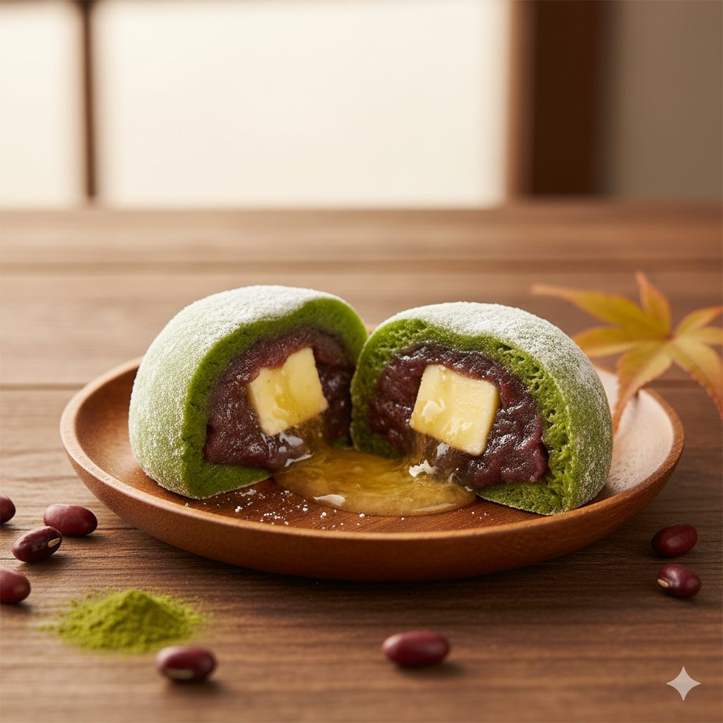 A close-up, appetizing photo of a homemade mochi daifuku with a vibrant green matcha mochi skin. The daifuku is round and plump, lightly dusted with potato starch, revealing a slight translucency. A cutaway view shows a luscious, glistening red bean paste (anko) filling with a small, melted golden piece of butter at its center, slightly oozing. The texture should appear soft, chewy, and tender. The background is softly blurred, suggesting a cozy, natural light setting, perhaps with subtle hints of autumn colors or a warm wooden surface. Emphasize the moistness and the delicate balance of colors. Photography style: macro, shallow depth of field, warm and inviting.