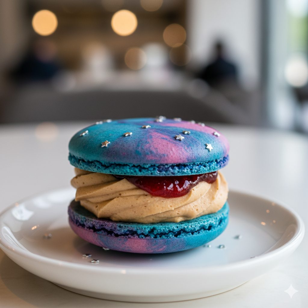 A close-up, high-angle shot of a vibrant 'Aurora Galaxy Macaron'. The macaron shells should have a mesmerizing marble pattern in shades of blue, purple, and pink, resembling a starry night sky or an aurora borealis. Tiny silver star-shaped sprinkles are scattered on the shells, glistening. The macaron is filled with a creamy, pale brown coffee milk cream and a glistening, ruby-red strawberry jelly peeking out from the center. The texture of the macaron shell should be smooth and slightly cracked, indicating a perfect 'pied'. The background is softly blurred, suggesting a chic, modern cafe setting with subtle lighting that emphasizes the macaron's glow. The overall mood is luxurious, magical, and inviting. Natural light, high resolution, soft focus.