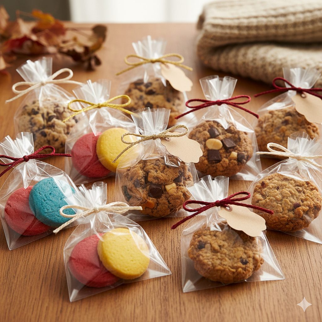 A beautifully styled flat lay of various miniature cookies, resembling small 'lucky bags' or assortments. Each cookie is unique in shape and color – some are vibrant red, blue, and yellow butter cookies (like Uniqlo colors), others are rustic, chunky chocolate chip and nut cookies, and some are wholesome, chewy oatmeal cookies with a hint of maple. The cookies are individually wrapped in small, clear cellophane bags, tied with elegant ribbons or twine, and some have tiny gift tags. The background is a soft, warm autumn-themed setting, perhaps with a subtle bokeh effect. The lighting is soft and inviting, emphasizing the textures and colors of the cookies. There's a sense of warmth, homemade charm, and the joy of giving. Focus on intricate details of the packaging and the varied textures of the cookies. High resolution, professional food photography style.