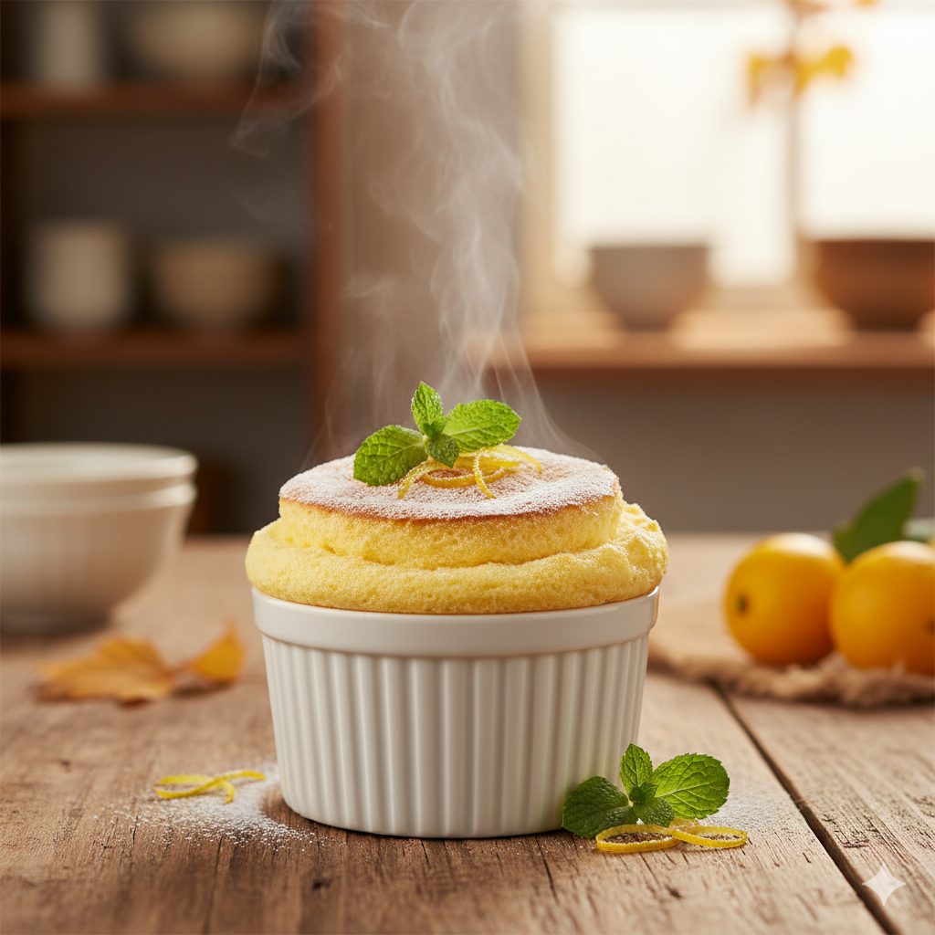 A close-up, beautifully styled photograph of a golden-yellow yuzu cheesecake souffle, light and airy, dusted with a delicate layer of powdered sugar. Garnish with vibrant green mint leaves and thin strips of fresh yuzu peel. The texture should appear incredibly soft and melt-in-your-mouth. Natural, warm lighting emphasizing the fluffy texture. Soft focus background, cozy autumnal kitchen setting.