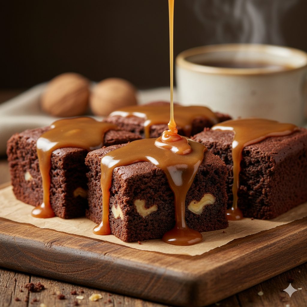 A warm, rich chocolate brownie, cut into squares, with a generous swirl of golden caramel sauce on top. Roasted walnuts and almonds are visible within the brownie, giving a delightful texture. The brownie is placed on a rustic wooden board, with a steaming mug of coffee or tea in the background. Soft, warm lighting, cozy atmosphere, perfect for a chilly autumn day. Focus on the gooey texture and rich color. Studio photography, warm tones, shallow depth of field.