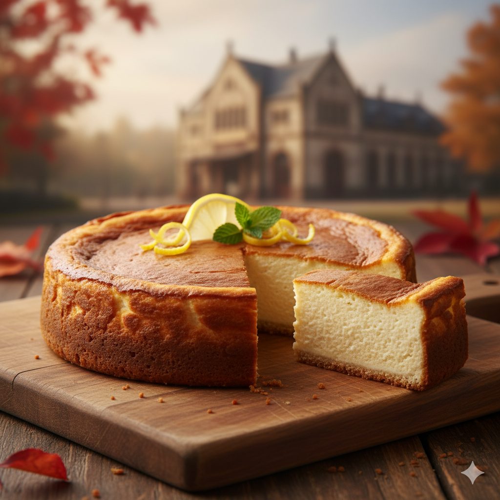 A beautifully baked, golden-brown cheesecake, with a slightly cracked top, resting on a rustic wooden board. A slice has been cut out, revealing a creamy, dense texture. Garnish with a thin slice of fresh lemon and a few fragrant lemon zest curls. The background subtly suggests an autumn scene, perhaps a blurred glimpse of colored leaves or an old-fashioned train station in the distance, evoking a nostalgic, cozy atmosphere. Soft, warm lighting. Professional food photography style.