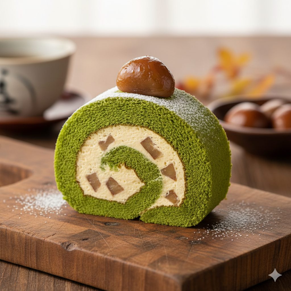 A beautifully plated slice of Japanese matcha and chestnut roll cake, on a rustic wooden board. The cake has a vibrant green matcha sponge, filled with a creamy, pale yellow chestnut cream. The cross-section clearly shows the spiral of the sponge and cream, with visible small chunks of chestnut in the cream. A light dusting of powdered sugar on top, and a whole candied chestnut as a garnish. Soft, warm lighting, cozy autumnal atmosphere, shot from a slightly overhead angle, shallow depth of field, high resolution, food photography style.