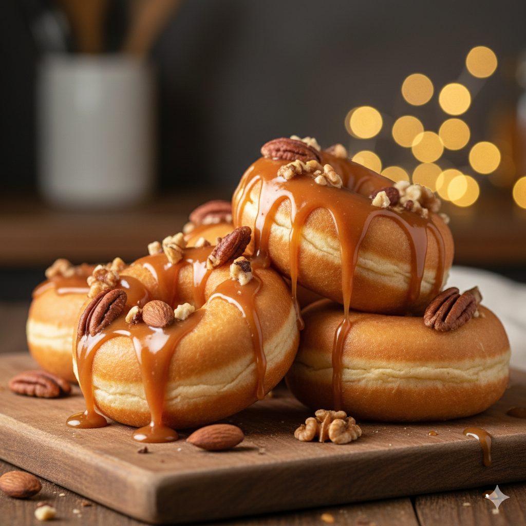 A close-up, beautifully styled photograph of homemade donuts with a glistening, amber-colored burnt caramel sauce drizzled generously over them. Scattered on top are various roasted nuts like almonds, walnuts, and pecans, adding texture and visual appeal. The donuts are light golden brown, fluffy, and slightly irregular in shape, indicating their homemade charm. The background is softly blurred, perhaps showing a cozy, warm-toned kitchen setting or a festive, subtly lit table. The lighting is soft and warm, emphasizing the caramel's shine and the nuts' rich colors. Focus on the delectable texture and the inviting warmth of the dessert.