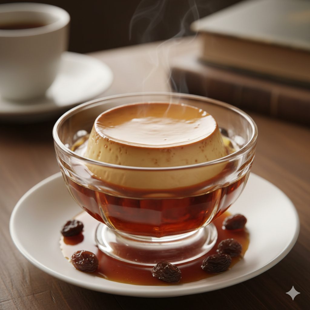 A close-up, high-angle shot of a classic Japanese pure-kissa style pudding, perfectly golden brown with a glistening amber caramel sauce pooled around its base. It's served in a vintage glass cup or on a simple white ceramic plate, surrounded by a few plump, dark rum-soaked raisins. The pudding has a smooth, slightly jiggly texture, indicating its creaminess. The lighting is soft and warm, reminiscent of an old cafe, with a hint of steam or warmth emanating from the pudding. Shallow depth of field, natural light, nostalgic atmosphere.