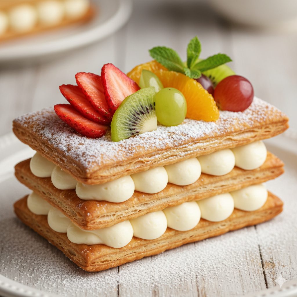 A beautifully arranged close-up shot of a mille-feuille sandwich, featuring layers of golden crispy puff pastry, rich white cream, and vibrant, fresh fruits like sliced strawberries, kiwi, green grapes, and orange segments. The fruits are artfully placed, resembling a painter's palette. A light dusting of powdered sugar on top, and a few fresh mint leaves for garnish. The background is softly blurred, highlighting the dessert. The overall image should evoke a sense of deliciousness and artistic elegance, with warm lighting and a slightly top-down angle.