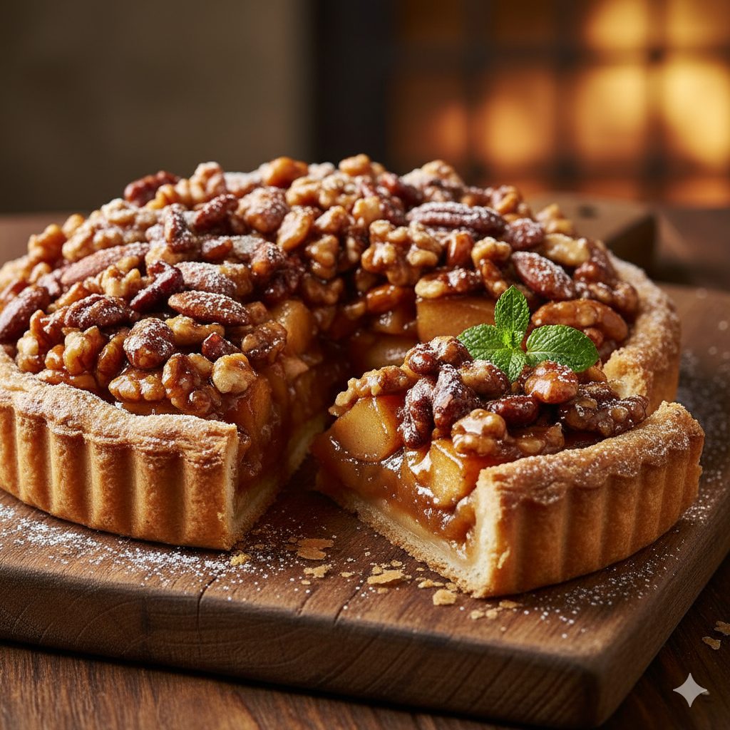 A "morisugi" (over-the-top, generously piled) caramel apple and nut tart. The tart is beautifully golden-brown with a crisp crust. On top, a rich, glistening layer of caramelized apples, some pieces visibly chunky, overflows from the crust. Scattered generously over the apples are shiny, golden-brown caramelized mixed nuts (almonds, walnuts, pecans). A light dusting of powdered sugar adds a delicate finish, with a small sprig of fresh mint for garnish. The tart is presented on a rustic wooden board, with a slice already cut, revealing the abundant filling. Warm, inviting autumn lighting. Professional food photography style, highly detailed, mouth-watering, hyperrealistic.