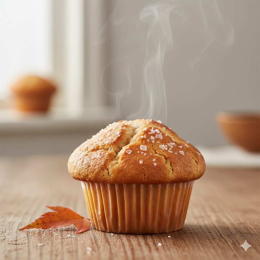 A close-up shot of a golden-brown rice flour salted butter muffin, freshly baked, with a slightly cracked top and visible coarse sea salt crystals. The texture should appear both crispy on the outside and fluffy on the inside. Soft, warm lighting, with a gentle steam rising from the muffin. A rustic wooden table in the background with a blurred autumn leaf.