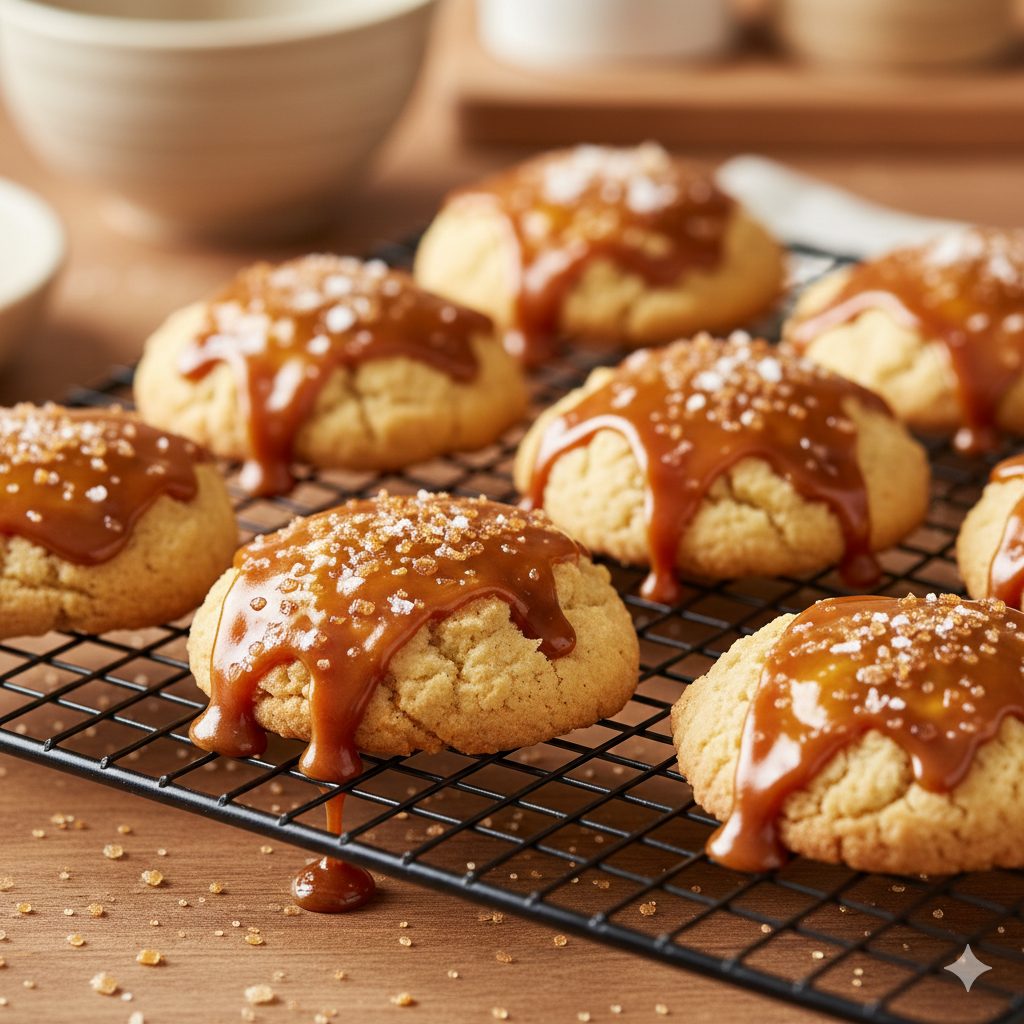 A close-up shot of crispy, golden-brown shortbread cookies with a slightly irregular, flaky texture, coated with a glossy, amber caramel sauce and sprinkled with sparkling coarse sugar crystals and a few specks of sea salt. The cookies are arranged artfully on a cooling rack, with a soft-focus background of a cozy, warm-toned kitchen. The lighting is soft and inviting, highlighting the rich textures and colors. The image should evoke a sense of warmth, homemade comfort, and delicious indulgence, reminiscent of a high-end bakery product.