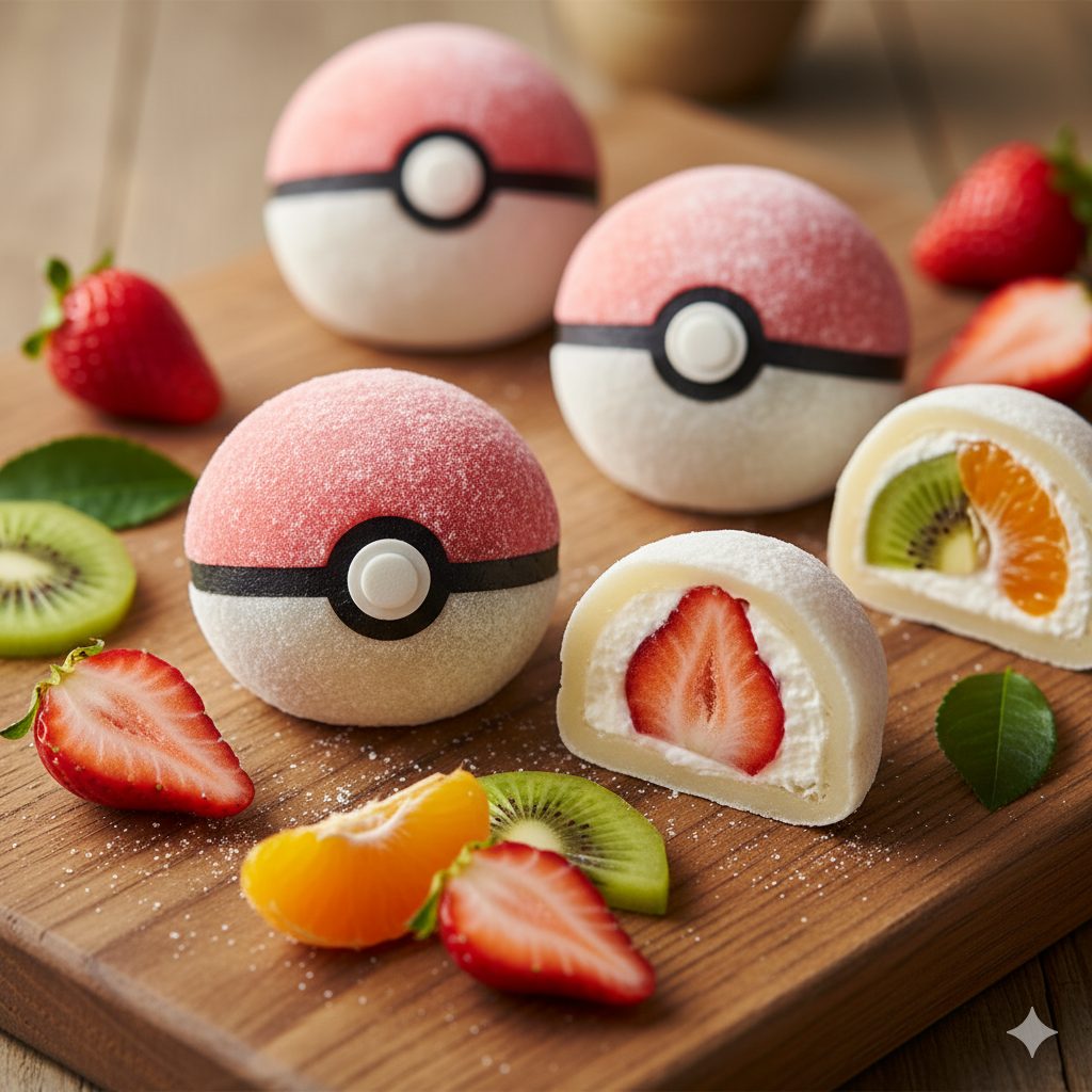 A whimsical, beautifully styled flat lay photograph of a handmade 'Pokemon Ball Daifuku'. The daifuku are perfectly spherical, with half white and half red mochi, separated by a thin black strip and a small black circle in the center, resembling a Pokemon Ball. Inside, a juicy, vibrant strawberry is peeking out from a cut section. Other daifuku feature kiwi and mandarin orange. The mochi has a soft, slightly translucent texture. They are arranged on a rustic wooden board with a scattering of fresh fruit slices (strawberries, kiwi, mandarin) and a few green tea leaves. The lighting is soft and natural, emphasizing the delicate textures and bright colors. The background is slightly blurred, creating a cozy and inviting atmosphere. Professional food photography style, high resolution, warm tones.