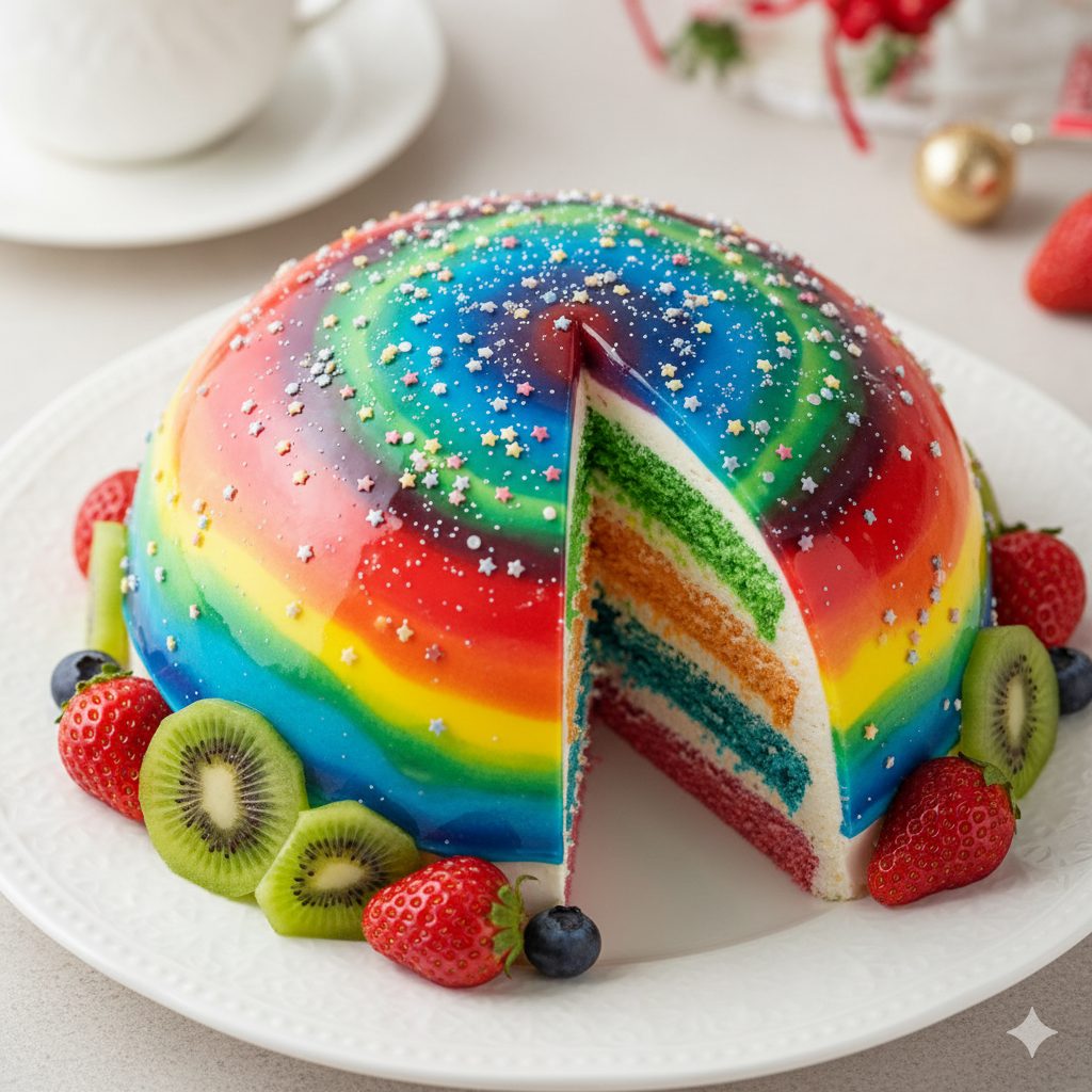A highly Instagrammable, vibrant dome cake, named 'Rainbow Stardust Dome Cake ~Galaxy Dream~', displayed on a elegant white ceramic plate. The cake has swirling layers of red, blue, yellow, and green cream, resembling a galaxy or aurora borealis. It's generously sprinkled with various colored and star-shaped edible glitter (arazan), making it look like a starry night sky. The cake is perfectly domed, with a smooth, glossy surface. There are slices of kiwi, strawberries, and blueberries artfully arranged around the base of the cake. The lighting is soft and bright, highlighting the cake's colors and textures. The background is a gently blurred, light-colored kitchen counter with some subtle festive decorations, hinting at a cozy, celebratory atmosphere. Focus on the intricate layers and the dazzling edible glitter, making it look incredibly appetizing and magical. High resolution, professional food photography style.