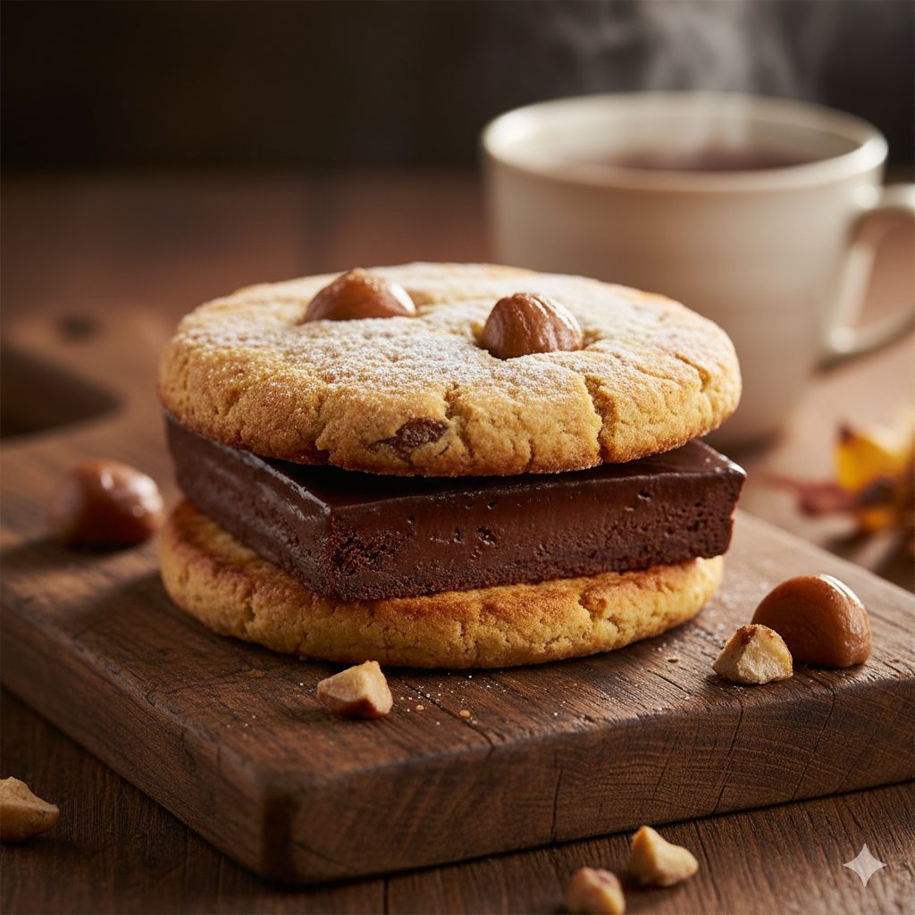 A beautifully plated 'Enchanted Chocolate Chestnut Sandwich Cookies' on a rustic wooden board. The cookies are round, golden-brown, and slightly textured, with a dusting of powdered sugar. Between two cookies, a slice of classic chocolate pie is perfectly sandwiched, showing a peek of its cream filling and chocolate coating. Soft, warm light illuminates the scene, highlighting the rich chestnut color of the cookies and the dark chocolate of the pie. A steaming cup of tea or coffee is blurred in the background, suggesting a cozy autumn setting. The overall mood is inviting, luxurious, and autumnal, with a focus on texture and warmth. High-resolution, professional food photography style.