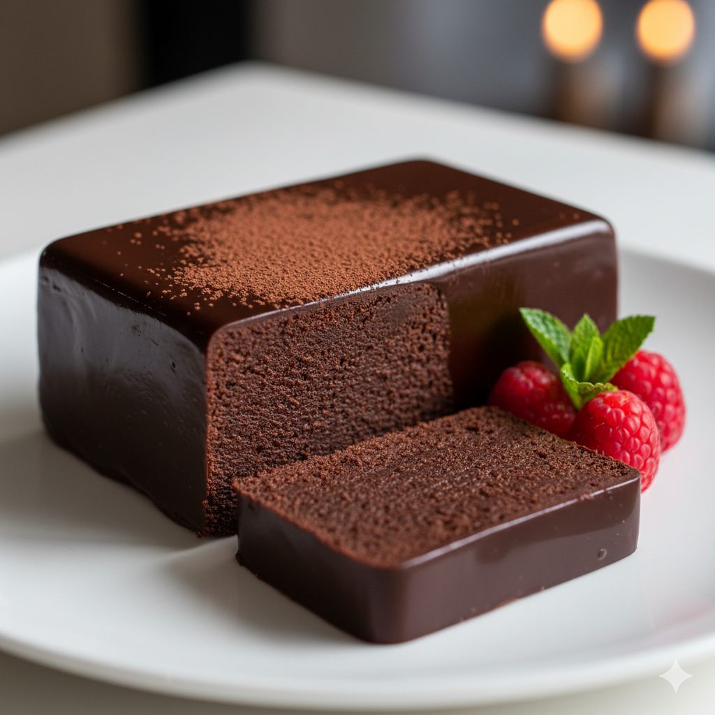 A close-up, high-angle shot of a sleek, dark chocolate terrine on a minimalist white plate. The terrine has a perfectly smooth, glossy surface, reflecting light like patent leather. It's cut into a sharp, rectangular slice, revealing a dense, fudgy interior. A dusting of unsweetened cocoa powder delicately adorns the top. A few vibrant red raspberries and a fresh mint leaf are artfully placed next to it, adding a pop of color. The background is softly blurred, emphasizing the elegant dessert. Cinematic lighting, professional food photography, shallow depth of field, natural light.