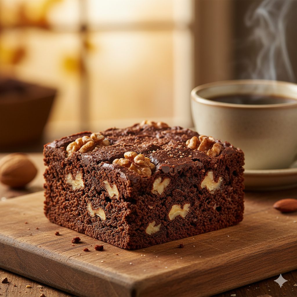 A mouth-watering, perfectly cut square of rich, dark chocolate brownie, with visible chunks of walnuts and almonds embedded within. The top is slightly cracked and glistening, hinting at a moist, fudgy interior. A subtle dusting of cocoa powder or a delicate sprinkle of chopped nuts adorns the top. The brownie is placed on a rustic wooden board, next to a steaming cup of coffee, with soft, warm lighting in the background to evoke a cozy, indulgent atmosphere. The texture should appear dense and luxurious, emphasizing the 'double chocolate' and 'nutty' aspects. There is a faint, almost imperceptible hint of a warm spice aroma in the air, enhancing the sensory experience.