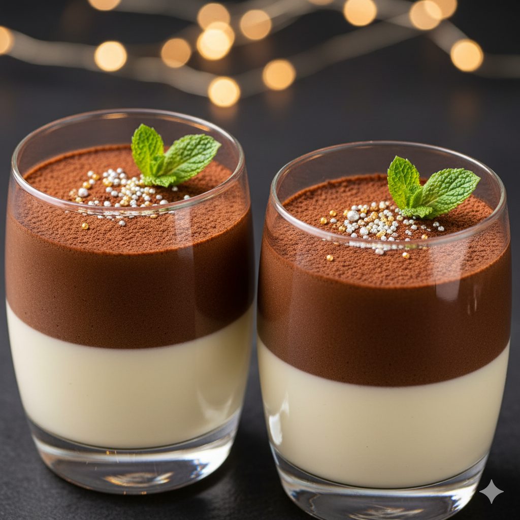 Two-layered chocolate mousse in a clear glass. The bottom layer is a creamy white chocolate mousse, and the top layer is a rich, dark bitter chocolate mousse. The surface is lightly dusted with cocoa powder and adorned with sparkling silver and gold sprinkles (arazan) and a fresh mint leaf. The mousse has a smooth, glossy texture. The background is softly blurred, evoking a mysterious yet elegant atmosphere, perhaps with a subtle glow around the "light" layer. Realistic, high-resolution food photography, soft studio lighting.
