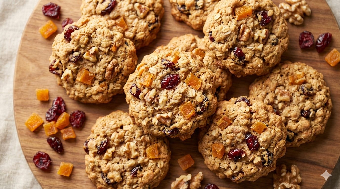 A close-up, top-down shot of several golden-brown oatmeal and dried fruit cookies arranged aesthetically on a rustic wooden board, with some scattered dried cranberries, apricots, and walnuts around. The cookies have a slightly irregular, homemade texture, with visible chunks of colorful dried fruit and nuts. Warm, soft lighting. Shallow depth of field. Professional food photography style.