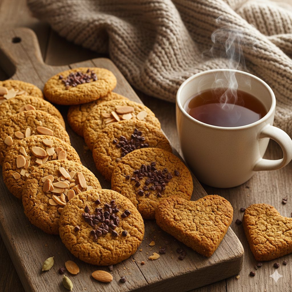 A beautifully styled flat lay of healthy oat flour cookies on a rustic wooden board. The cookies are round and heart-shaped, with a golden-brown hue and visible specks of cinnamon and cardamom. Some cookies are topped with sliced almonds and cacao nibs. A cup of warm, steaming herbal tea is placed beside the cookies, and a cozy knitted blanket is visible in the background, suggesting a winter setting. The lighting is warm and inviting, emphasizing the texture and warmth of the scene. Professional food photography style, high resolution.