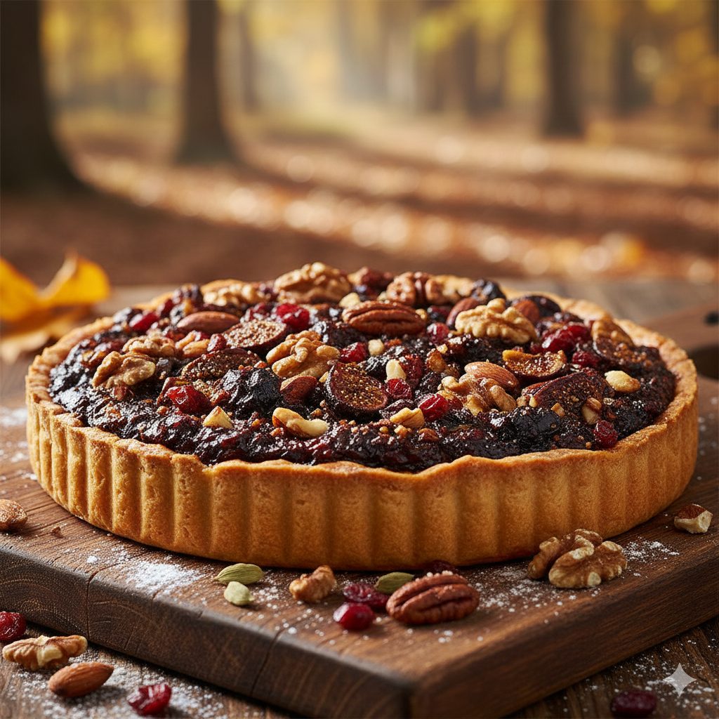 warm, inviting photo of a rustic forest fruit tart, generously filled with mixed nuts (walnuts, almonds, cashews), dried cranberries, and figs. The crust is golden brown and flaky, with a beautiful shine from egg wash. The filling is rich and fragrant, with hints of cinnamon and cardamom. The tart is presented on a wooden cutting board, with a few loose nuts and dried fruits scattered around. The background is softly blurred, evoking a cozy, autumnal forest setting. Natural light, shallow depth of field, warm color palette. Detailed, high-resolution.