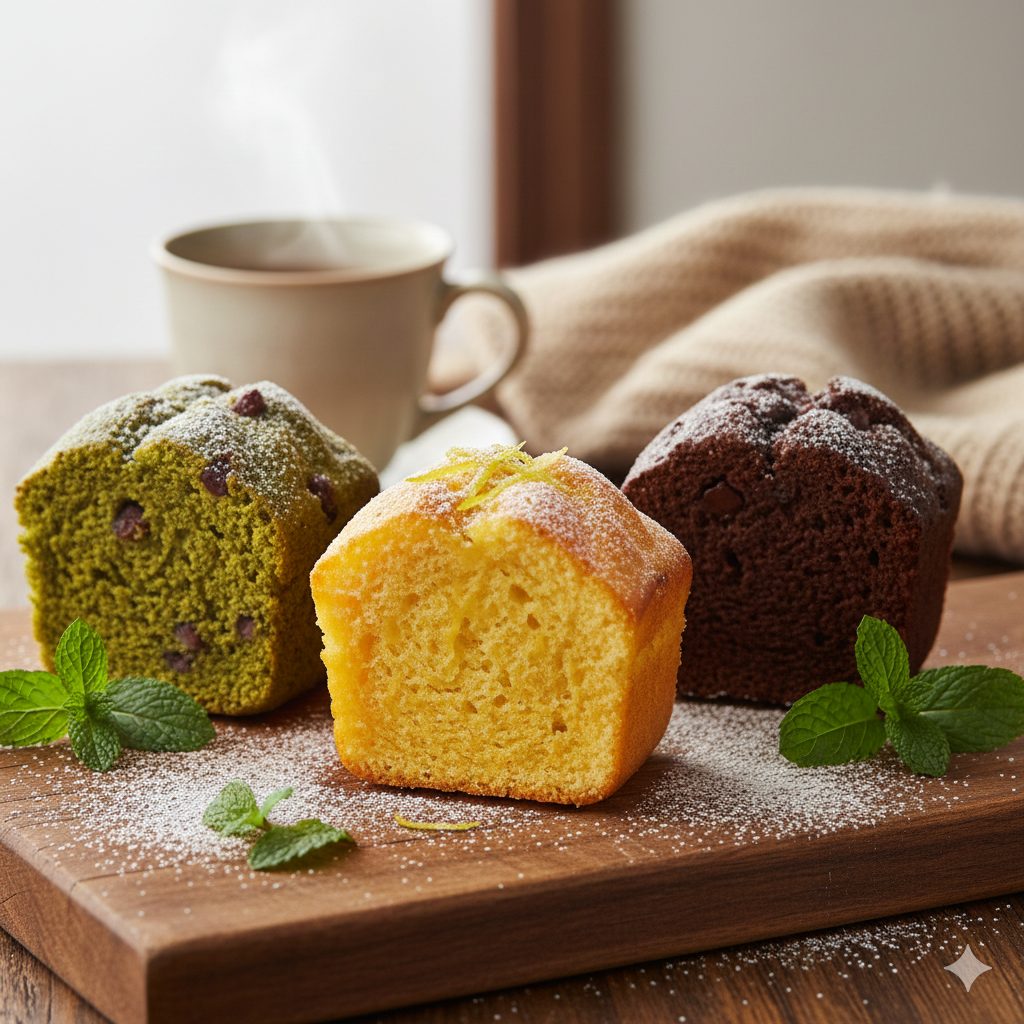 A beautifully arranged assortment of three mini pound cakes on a rustic wooden board. One is a vibrant green matcha pound cake with tiny red adzuki beans peeking out. Another is a bright yellow yuzu pound cake, garnished with delicate slivers of yuzu zest. The third is a rich dark brown cocoa pound cake, studded with visible chocolate chips. All cakes are dusted lightly with powdered sugar and some fresh mint leaves are scattered around for decoration. The lighting is soft and warm, highlighting the textures and colors of the cakes. A cozy winter background with a blurred teacup and a warm blanket. High resolution, professional food photography style, natural light.