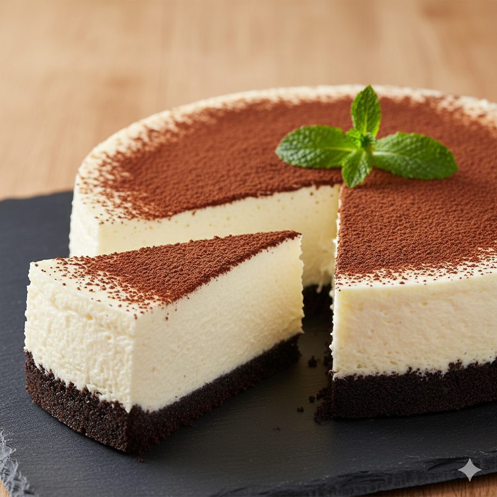 A professional food photography style image of a "Breaking Black and White Protein Cheesecake". The cheesecake has a striking contrast: a dark, almost black cocoa tart crust and a pristine white, smooth protein cheesecake filling. The top of the cheesecake is lightly dusted with cocoa powder, creating a soft, snowy effect. A few fresh mint leaves are artfully placed on top. The cake is sliced, revealing a perfectly baked, creamy interior. The background is softly blurred, focusing on the cake, with warm, inviting light. The overall mood is sophisticated and appealing, emphasizing both health and indulgence.