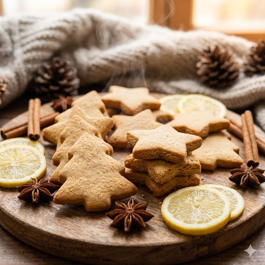 A beautifully styled flat lay of 'Totonou Ginger Sable' (Ginger Sable for Relaxation), with a warm, inviting light. The sables are star and Christmas tree shaped, arranged artfully on a wooden board. Some sables are stacked, revealing their delicate texture. A few slices of fresh lemon, a sprinkle of cinnamon sticks, and star anise are scattered around. A subtle steam effect hints at warmth and comfort. The background is a soft, blurred winter scene, evoking a cozy, holiday atmosphere. Professional food photography style, high resolution, warm color palette.
