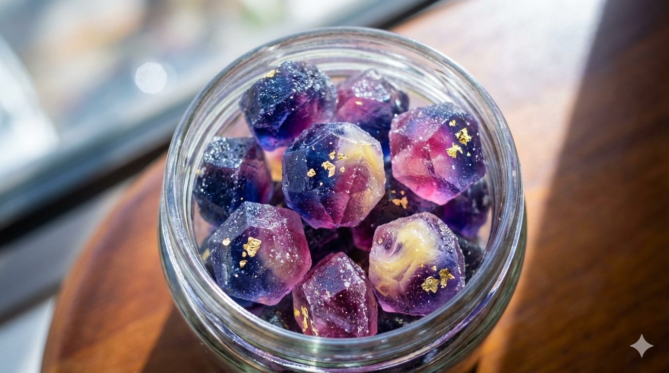 A close-up, top-down shot of an assortment of 'Kosumosu Kohakutou' (cosmos amber sugar candy) in a glass jar, glistening like jewels. The candies are in various shades of deep blue, purple, pink, and hints of yellow, resembling a starry night sky and nebulae. Some pieces have delicate gold leaf flakes shimmering on their surfaces. The texture is visible with a slightly crystalline exterior and a soft, translucent interior. The background is softly blurred with a hint of natural light, evoking a sense of wonder and elegance. Studio lighting, high resolution, detailed, magical atmosphere.