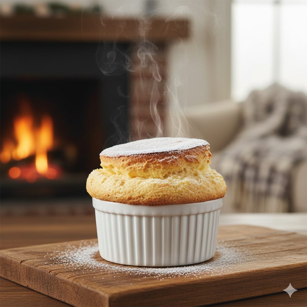 A beautifully baked, fluffy, golden-brown Japanese Amazake Cheese Soufflé, dusted with a delicate layer of powdered sugar, served on a rustic wooden board. The soufflé has a slightly cracked top and a soft, airy texture, with a gentle steam rising from it. In the background, out of focus, a cozy winter scene with warm lighting, a fireplace, and a hint of a soft blanket. The overall mood is warm, comforting, and inviting. High-resolution, natural light photography.
