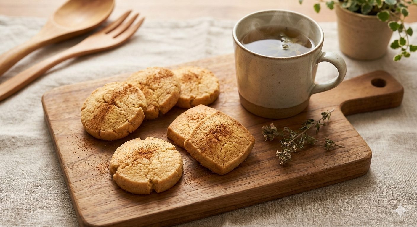 A close-up, top-down shot of several golden-brown, rustic-style healthy soy milk and okara kinako cookies on a wooden serving board, accompanied by a steaming cup of herbal tea. The cookies are slightly irregular in shape, some round, some square, with a visible sprinkle of cinnamon. The texture is slightly crumbly and inviting. Soft, warm light, shallow depth of field, cozy home kitchen atmosphere. Emphasize the warm, inviting colors and comforting feel. Studio quality photography. Food photography.