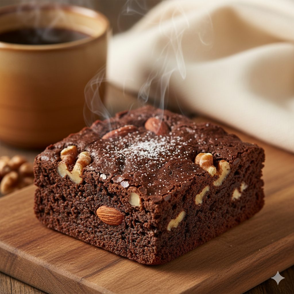 A warm, inviting close-up shot of a richly fudgy chocolate brownie, still slightly warm from the oven, with a gentle sprinkle of powdered sugar on top. Visible chunks of walnuts and almonds are embedded in the dark, glistening chocolate. The edges are slightly crisp, while the inside promises a soft, moist, and tender texture. A hint of steam might be rising, and the background is softly blurred with warm, cozy tones, perhaps a ceramic mug of coffee or a cashmere throw. The lighting is soft and natural, emphasizing the decadent texture and inviting aroma. The atmosphere is comforting and indulgent, perfect for a winter's day.